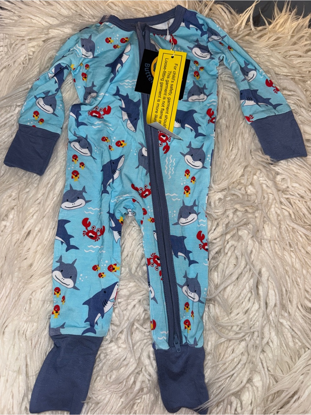 Butter Light Blue Shark & Crab Zip Footie